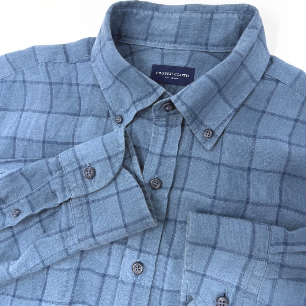 Proper Cloth Mens Large Blue Windowpane Check 100% Linen Button Down Shirt